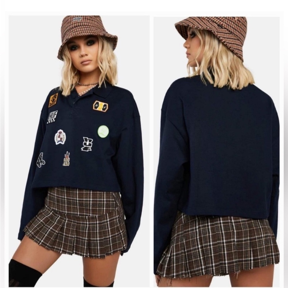 HUF Patches Long Sleeve Crop Polo Top. Navy Blue. Size Medium. Collegiate.